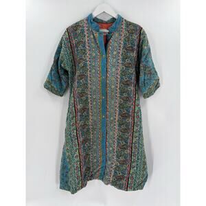 Vintage Loungees House Coat Womens Small Blue Floral Paisley Snap Button Quilted